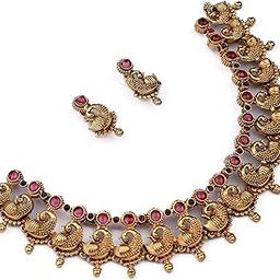 Traditional Gold-Plated Temple Necklace Set with Ruby Stones, Antique Peacock Design-image-17