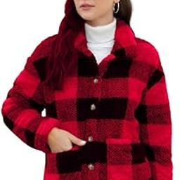 Women's Plaid Fluffy Button Down Coat Warm Long Sleeve Stand Collar Jacket with Pockets-9