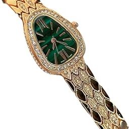 Luxury Women's Snake-Style Bracelet Watch | Green Dial & Crystal Bezel | Rose Gold Designer Analog Watch | Fashion Wristwatch-image-31