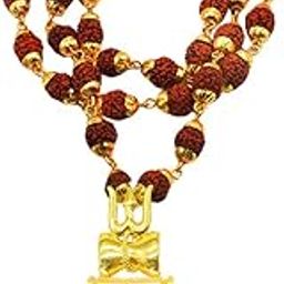 Religious Trishul Damaru Locket With Gold Plated Cap Panchmukhi Rudraksha Mala Gold And Brown Brass And Wood Religious Jewellery Pendant Necklace Chain For Men And Women-image-62