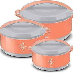 Milton Divine Jr. Inner Stainless Steel Serving Casserole Gift Set of 3 (430 ml, 830 ml, 1400 ml), PU Insulated Kitchen Hot Pot, Keeps Food hot & Fresh for Roti, Biryani, Orange-25