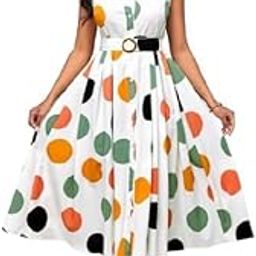 Sleeveless Polka Dot Midi Dress, White with Multicolour Print, Belted A-Line Western Style-picture-2