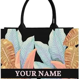 rerden Personalized Tropical Leaf Print Canvas Tote Bag, Black with Mint Green and Coral Design, Double Handle, Custom Name-picture-15