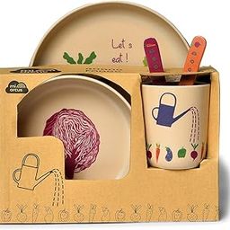 Mi Arcus Baby 100% Bamboo Dinner Set, Vegetable Print, Pack of 5,Plate,Bowl,Glass,Fork,Spoon - Brown, Suitable for Baby Boys Girls Kids Ages 6 Months+-21