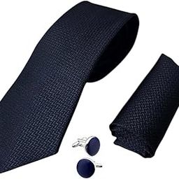 Navy Blue Self Design Italian Tie Pocket Square & Matching Cufflink Set in Elegant Leather Gift Box – Premium Formal Men’s Combo-image-95