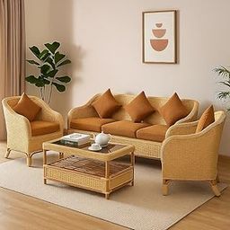 IRA Wooden 5 Seater Sofa Set with Cushions & Center Table | Handcrafted Solid Wood Bohemian Cane Sofa | Vintage Natural Finish | Traditional Living Room Furniture-image-50