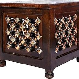 LUXURY ARTS - Handcrafted Wooden Brass Stool with Intricate Carving | Premium Mango Wood Side Table | Traditional Indian Home Decor Furniture for Living Room, Bedroom, Balcony | Brown-image-22