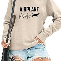Women Airplane Mode Sweatshirt Funny Letter Print Travel Tops Casual Long Sleeve Spring Fall Pullover Top-image-34