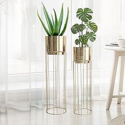 BEHOMA Gold Plated Metal Planters with Stands (Set of 2), Modern Tall Planters for Home Decor, Decorative Planters for Living Room Balcony Office Decor, Plant Stand with Pot (Plants not Included)-image-34