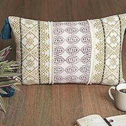 MODERN OASIS Aztec Striped Pattern Cushion Cover - Mustard & Maroon Rectangle, 14x22 Inch Decorative Cover with Shaggy & Tassel Details, 2 Pcs Combo-image-27