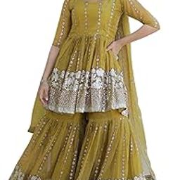 Women's Georgette Sequins Embroidered Kurta Sharara with Dupatta Set-image-14