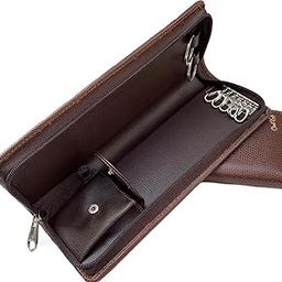 PU Leather Long Key Case Pouch Wallet Keychain Key Holder with 6 Hooks Zipper Closure (Tan-25.5 x 8.5 cm)-BS-12