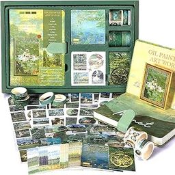 Vintage Style Art Journal Set, Oil Painting Theme, Aesthetic Scrapbooking Kit with Stickers and Planner Supplies, Green-image-81