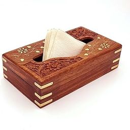Zyntix Wooden Tissue Box Holder Cover with Velvet Interior 9x5 inch Tissue Holder for Dinning Table Tissue Box Holder Tissue Paper Holder for Facial Napkins Tissue Box for Car(Carving Brass)-17
