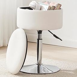 Modern White Faux Leather Tufted Vanity Stool with Storage, Adjustable Height, 360° Swivel, Chrome Finish Metal Base-image-20