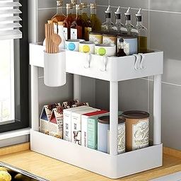 wolpin Under Sink Organizer Plastic Shelves Storage Rack-2-Tier Plastic Holder With Hooks&Cup Holder For Kitchen Multi-Purpose Under Bathroom Cabinet Storage&Kitchen Organizer Baskets (40X21X39 Cm)-image-13