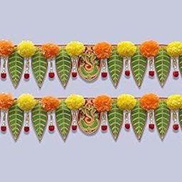 HEGIENES DECOR'S Ganesh Pan Toran For Home Décor - Multicolor | Washable & Resuable Hanging Bandarwal with Artificial Marigold Flowers | For Entrance Gate & Office Decoration - Pack Of 2-10