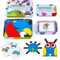 Kidology 36-Piece Wooden Shape Puzzle Toy Set for Toddlers – Early Learning Educational Toy with 60 Cards in Durable Iron Box, Colorful Shapes and Patterns for Kids Age 3+ Years (White)-18
