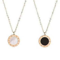Classic Double-Sided Roman Numerals Pendant Necklace in Black/White and Rose Gold Finish - Timeless Jewelry Piece for Women Pack Of 2-7