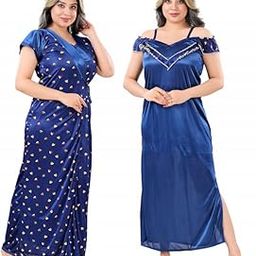 Women's Satin Solid Maxi Length Nighty with Robe-Short Sleeves Nightwear Set-Free Size (Blue)-image-6