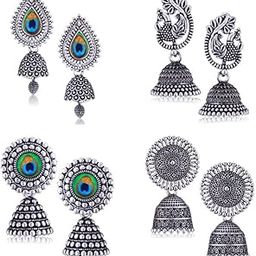 Earrings for women fashion jhumka oxidised Silver Earrings for women Combo chandbali pearl stylish Butterfly jhumkas traditional Jhumki Peacock Earrings For girls South Temple Ear Rings -M734-image-23