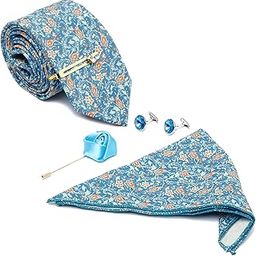 louis stitch Mens Blue Necktie Italian Silk Suit Tie Incl Pocket Square Cufflinks Tiepin Brooch American Style Printed Formal Tie Gift Set for Men (TESLBU03GP)-picture-23