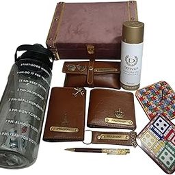 8 in 1 Customized Name Mens Gift Hamper Set with Water Bottle, Passport Cover, Mens Wallet, Sunglasses Cover, Keychain, Pen & Tea Coasters | Personalized Valentine's Day Gift (Tan)-3