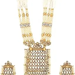 rubans 22K Gold-Plated White Kundan & Off-White Pearl Beaded Handcrafted Multi-Strand Pendant Necklace Set for Women Bridal & Wedding-picture-20