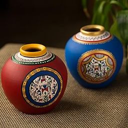 ExclusiveLane Earthenware Warli Terracotta Vases for Home Decor Round Flower Vases for Living Room (Set of 2) |Terracotta Flower Vases for Home Decoration Items Vases for Dining Table Showpieces,Red-image-80