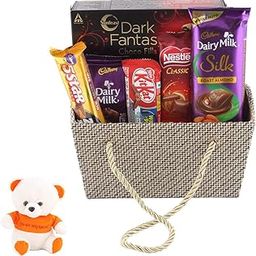 SFU E Com Chocolate Gift Hamper With Handmade Basket | Valentine Love Teddy Bear With Chocolate Combo | Valentine Chocolate Hamper | 825-54