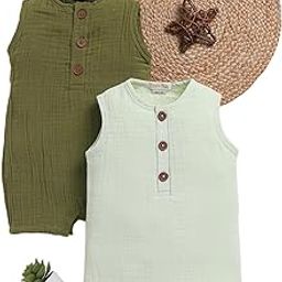 Cot & Candy Baby Organic Muslin Half Romper Pack Of 2-Olive + Pistachio Cream-image-73