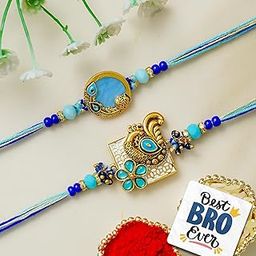 eCraftIndia Set of 2 Beautiful Peacock Feather Floral Designer Rakhis | Best Bro Ever Fridge Magnet | Roli Chawal Pack | Rakhi for Brother Bhaiya Bhai Bhabhi Kids-image-45