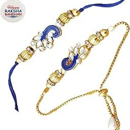 Elegant Peacock Bhaiya Bhabhi Rakhi Set with Roli Chawal, Greeting Card and and One Motivational Keychain (J1SK)-image-78