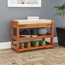 VALID WOOD Multipurpose Wooden Shoe Rack for Home with Seat, sheesham Wood Shoe Bench with Drawer, Shoe Cabinet with 2 Levels, Padded Bench, 55 x 30 x 46 cm-17
