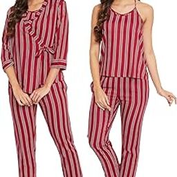 Women's Rayon Stripes Printed Cami Top & Robe Pyjama Set-image-88