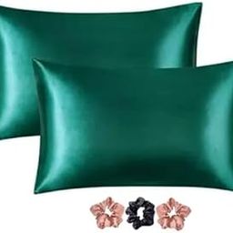 Satin Silk Pillow Cover for Hair and Skin 2 Piece with 3 Piece CRUNSHIES |Silk Pillow Covers with Envelope Closure end Design|Silk Pillow Cases(Green-2)-15