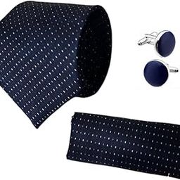 Navy Blue Pindot Self Design Italian Tie Pocket Square & Matching Cufflink Set in Elegant Leather Gift Box – Premium Formal Men’s Combo-image-99