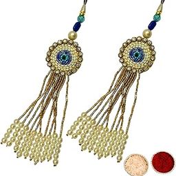 Buyent ® Elegant pearl evil eye lumba rakhi set of 2 chuda rakhi for bhabhi bracelet rakhi for bhabhi with roli chawal pack-0