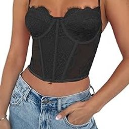 Women's Sexy Lace Spaghetti Straps Corset Crop Top Y2K Summer Mesh Vintage Bone Corset Party Bustier Cami Tops-image-20