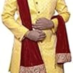 Men's Yellow Broket Silk Sherwani/Indowestern With Maroon Heram-image-32