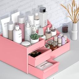 Roktry Makeup Organizer Countertop - Bathroom Countertop Organizer for Makeup, Skin Care, Jewelry, Brushes, Lipsticks, etc - Plastic Drawer Storage Container that works as Vanity Organizer (Pink)-image-64