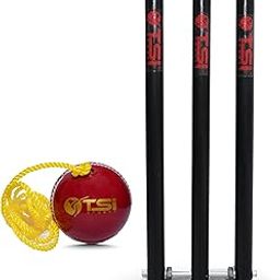 TSI Sports Cricket Stumps Set, Spring Back Wooden Stumps with Heavy Duty Base, Practice Ball, with Heavy Duty Spring Stand Base Color Black Pack of 1PC-16