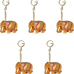 Wooden Elephant Carved And Painted Key Chains Set Of 5 Pc-53