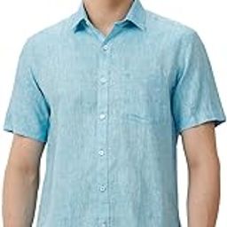 Men's Pure Linen Blue Solid Contemporary Fit Half Sleeve Casual Shirt-image-23