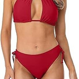 Women's Two Piece Halter Swimsuits Keyhole Cutout Swimwear Padded Bikini Set Red-picture-7