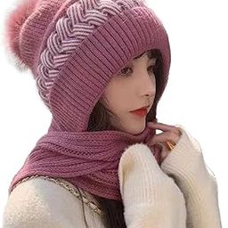 Women Winter Knitted Warm Hat with Scarf,Ear Protection Pompom Woolen Hat for Adult-image-61