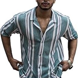 Mens Striped Collar Neck Half Sleeve Jacquard Oversized Shirt-image-30