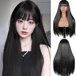 Fashion Fitoor Black Hair Wig with Bangs for Women – 32 inch Long Straight Synthetic Full Head Wig – Heat-Resistant, Natural Look, Soft & Lightweight – Cosplay, Party-image-93