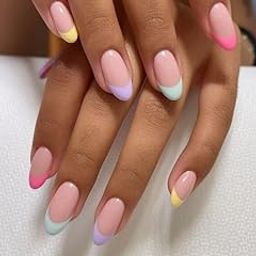 AVSAR Pastel French Tip Press-On Nails Set | 20 Reusable Pieces | Pink Nude Base with Multicolor Tips | Stick-On Artificial Nails | No Glue Needed | Salon Finish at Home-image-99