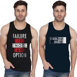 Printed Sleeveless Tshirt for Men Combo | Sando/Baniyan/Ganji Tank Top Gym Vest for Boys | Round Neck Dryfit T-Shirt for Sports Workouts, Vacations and Beaches | Pack of 2 Black & Navy Blue L-image-92